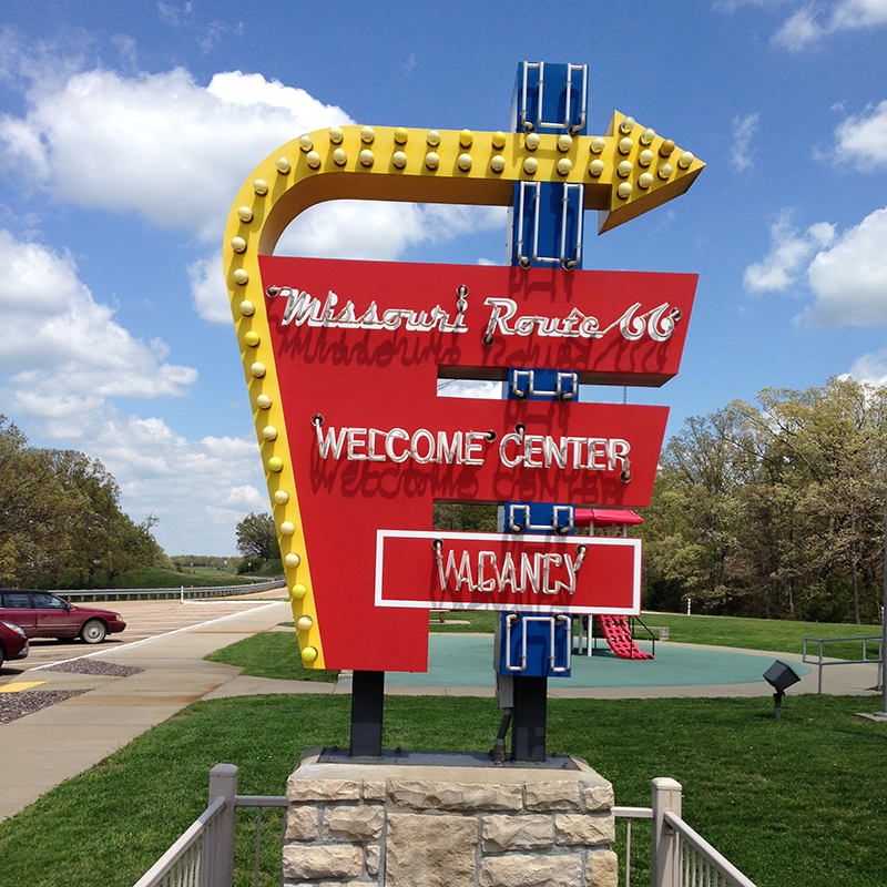 A sign outside the Route 66 Welcome Center in Missouri.