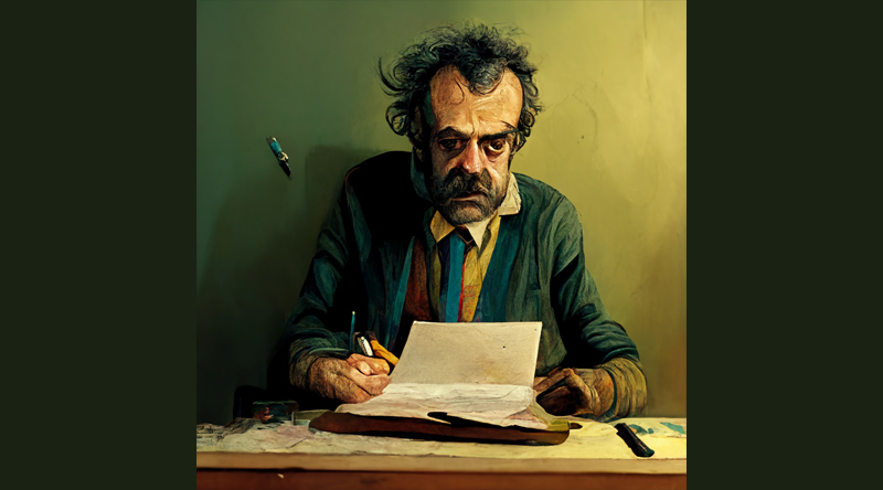 AI-generated image of a frazzled writer at his desk looking over a manuscript.