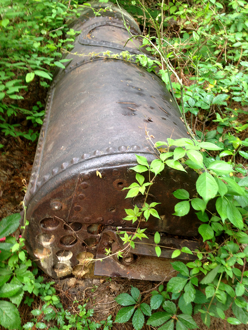 An old boiler or water heater in the woods.