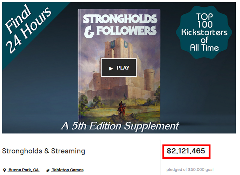 Screenshot of Matt Colville's Kickstarter at over $2.1 million.