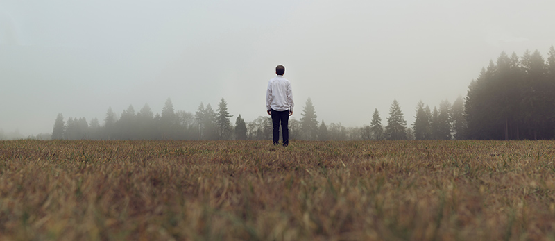 Person standing alone in a foggy field.