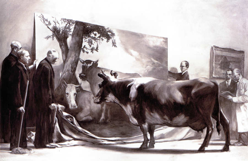 The Innocent Eye Test, by Mark Tansey - Cow looking at a painting of a cow.