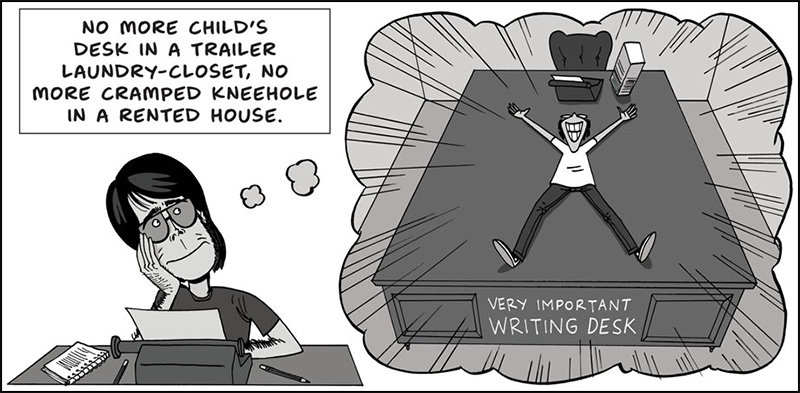 Panel from Zen Pencils' "The Desk" (Stephen King imagining a giant writing desk.)