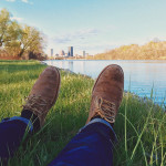 Relaxed point of view: lying in the grass by a pond, looking at one's feet...