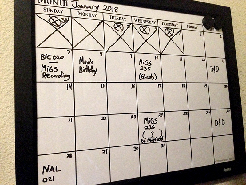 My dry-erase calendar for January, 2018.