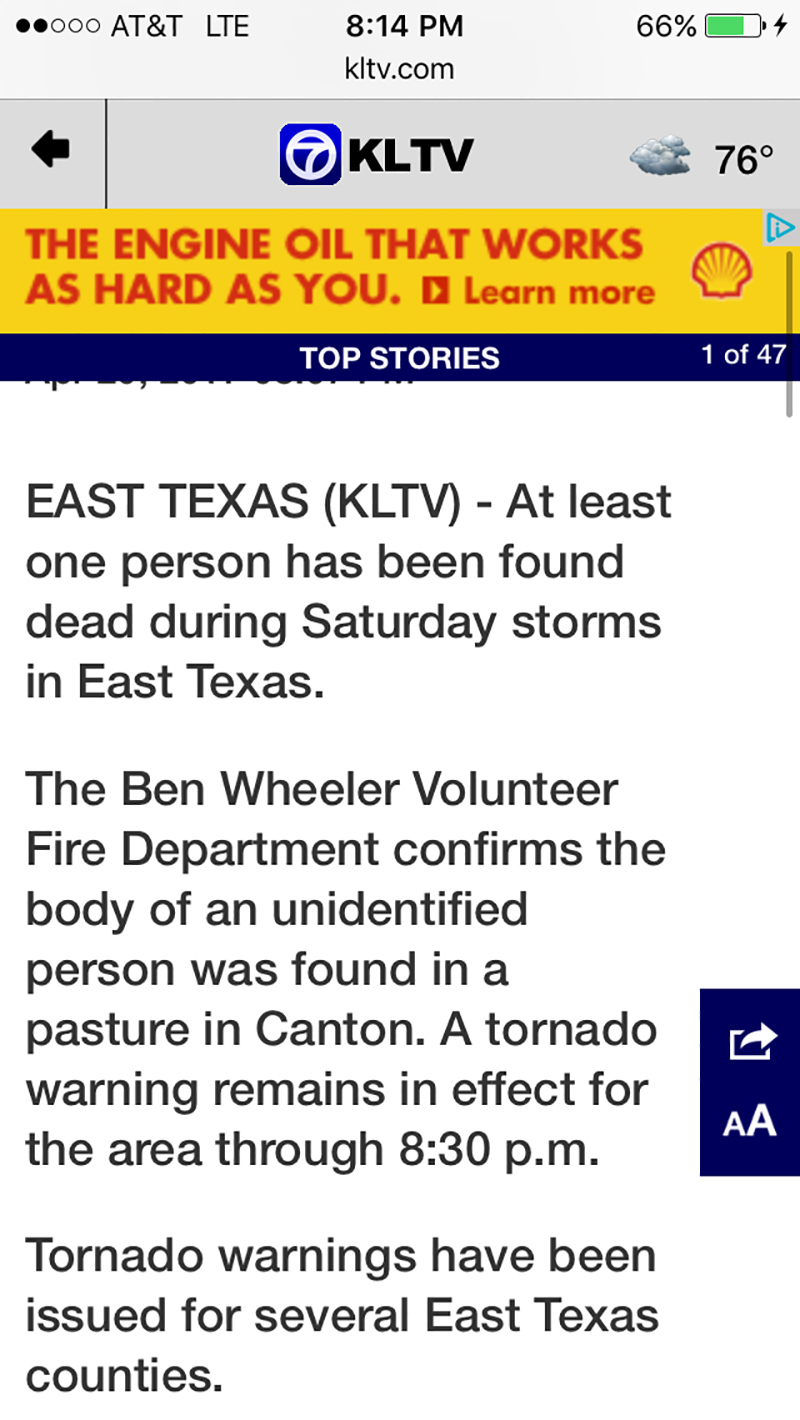 Initial news reports about Canton, Texas' tornadoes.